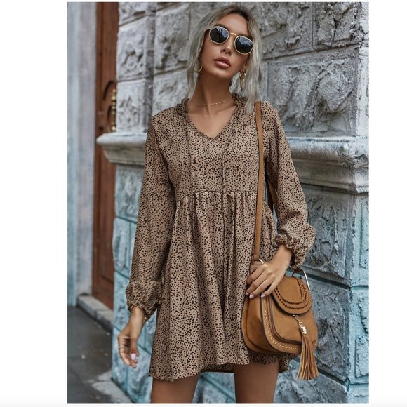 SHEIN Dalmatian Print Tie Neck Smock Dress Khaki - Picture 4 of 15